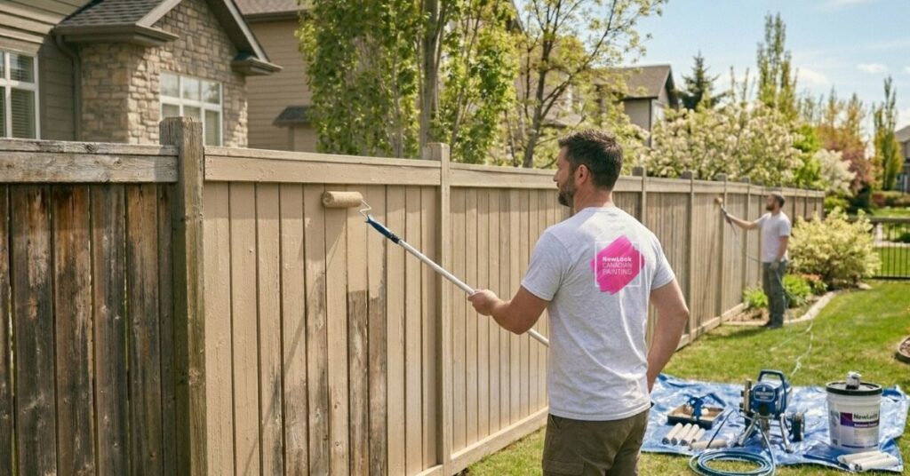 professional fence painting in Calgary during warm summer weather